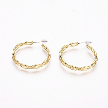 Semicircular Brass Cable Chain Stud Earrings, Half Hoop Earrings, with 925 Sterling Silver Pin and Plastic Ear Nuts, Long-Lasting Plated, Golden, 29.5x3.5mm, Pin: 0.7mm