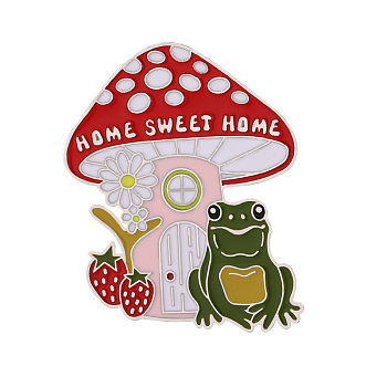 Mushroom with Frog Enamel Pin, Golden Alloy Word Brooch for Backpack Clothes, Colorful, 35x30mm