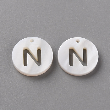 Natural Freshwater Shell Pendants, Flat Round with Letter, Letter.N, 12x1.5mm, Hole: 1mm