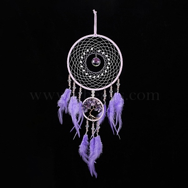 Iron & Brass Wire Woven Web/Net with Feather Pendant Decorations(AJEW-B017-18)-3
