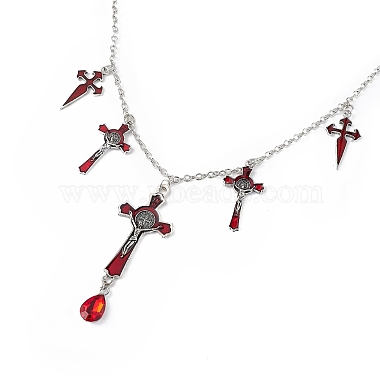 FireBrick Enamel Crucifix Cross with Plastic Teardrop Pendant Necklace & Dangle Earrings(SJEW-G081-02AS)-3