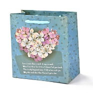 Rectangle Paper Bags, with Cotton Rope Handles, Heart with Floral & Word Pattern, for Gift Bags and Shopping Bags, Turquoise, 14x7.1x14.5cm(CARB-J002-01C-02)