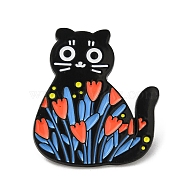 Cartoon Cat & Flower Enamel Pins, Black Alloy Brooch for Backpack Clothes, Cornflower Blue, 21.5x26x1.5mm(JEWB-H017-01EB-04)