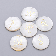 Freshwater Shell Pendants, Covered with Iron Findings, Flat Round with Initial Letter, Golden, Random Mixed Letters, 20x3mm, Hole: 1.5mm(SHEL-Q018-01-G)