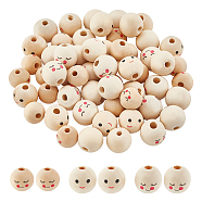 60Pcs 3 Style Maple Wood European Beads, Large Hole Beads, Undyed, Round with Printed Smiling Face, Old Lace, 15~18mm, Hole: 4~5mm, 20pcs/style(WOOD-AR0001-19)
