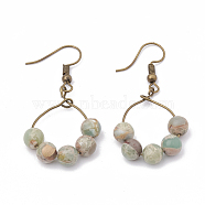 Natural Aqua Terra Jasper Dangle Earrings, with Iron Findings, Round, Pale Turquoise, 45mm, Pin: 0.6mm, Pendant: 28x22mm(EJEW-S202-011B)