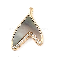 Brass Micro Pave Clear Cubic Zirconia Pendants, Natural Black Lip Shell Whale Tail Charms, Real 18K Gold Plated, 20x13x1.8mm, Hole: 2.5x1.5mm(KK-Q816-05G-02)