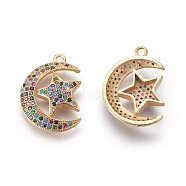 Brass Micro Pave Cubic Zirconia Pendants, Moon with Star, Colorful, Golden, 22x16x4mm, Hole: 1mm(KK-O119-04G)