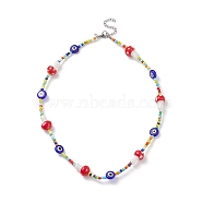 Mushroom Handmade Lampwork Beaded Necklaces for Women, Glass Seed Beads & Evil Eye Bead Necklaces, Colorful, 17.48 inch(44.4cm)(NJEW-JN03983)