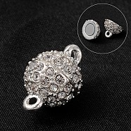 Round Alloy Rhinestone Magnetic Clasps with Loops, Silver Color Plated, 16x10mm, Hole: 1mm(ALRI-E123-02S)