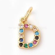 Brass Micro Pave Colorful Cubic Zirconia Charms, Golden, Letter.D, 9x6x2mm, Hole: 3mm(ZIRC-F092-01-D)