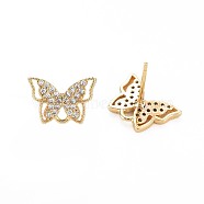 Brass Micro Pave Clear Cubic Zirconia Stud Earring Findings, Nickel Free, Butterfly, Real 18K Gold Plated, 8.5x12mm, Hole: 1.4mm, Pin: 0.6mm(X-KK-S360-182)