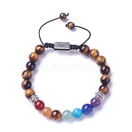 Chakra Jewelry, Natural & Synthetic Mixed Stone Braided Bead Bracelets, with Natural Tiger Eye, Alloy Findings and Nylon Cord, Rectangle with Tree, 52~76mm(BJEW-I273-H02)