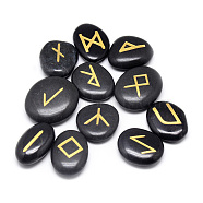 Natural Black Stone Beads, No Hole/Undrilled, Oval Carved with Runes/Futhark/Futhorc, 20~30x15~27x5~10mm, 25pcs/set(G-Q481-115)
