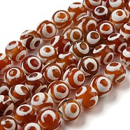 Tibetan Style dZi Beads Strands, Natural & Dyed Agate Beads, Round, Chocolate, 3-Eye, 8mm, Hole: 1.4mm, about 49pcs/strand, 14.49''(36.8cm)(G-P526-D04-01)