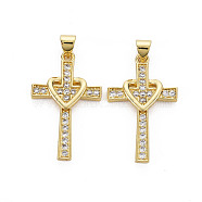 Brass Micro Pave Cubic Zirconia Pendants, Nickel Free, Cross with Heart, Real 16K Gold Plated, 30x18x3mm, Hole: 3.5x5mm(KK-Q252-071-NF)