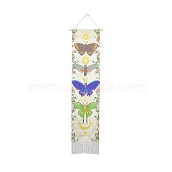 Polyester Decorative Wall Tapestrys, for Home Decoration, with Wood Bar, Nulon Rope, Plastic Hook, Rectangle with Butterfly Pattern, White, 1458x327x1.2mm(AJEW-C024-02B)