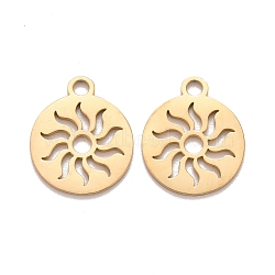 201 Stainless Steel Pendants, Laser Cut, Manual Polishing, Flat Round with Sun, Golden, 14x12x1mm, Hole: 1.6mm(STAS-D451-20G)