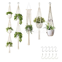Cotton Macrame Plant Hangers, Boho Style Hanging Planter Baskets, Wall Decorative Flower Pot Holder, with Ceiling Hook, Snow, 90~180cm, 5pcs/set(WG98570-01)