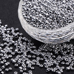 8/0 Electroplate Glass Seed Beads, Round Hole Rocailles, Platinum Plated, 3x2.3mm, Hole: 0.7mm, 14300pcs/440g(SEED-Q004-02)