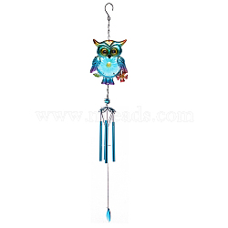 Metal Tube Wind Chimes, Glass & Iron Art Pendant Decorations, Owl, Dark Turquoise, 800x120mm(WICH-PW0001-64F-02)