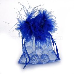 Organza Gift Bags, with Drawstring and Feather, Jewelry Pouches Bags, for Wedding Party Candy Mesh Bags, Rectangle, Blue, 12x10x0.07cm(OP-F001-B-05)