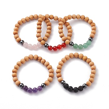 Natural Wood Beads Stretch Bracelets, with Natural Gemstone Beads, Non-magnetic Synthetic Hematite Beads, Inner Diameter: 2-1/8 inch(5.4cm)