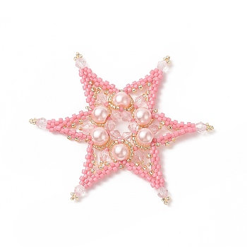 Handmade Loom Pattern Seed Beads, with Baking Painted Pearlized Glass Pearl Round Beads, Star Pendants, Pink, 64x64x6mm