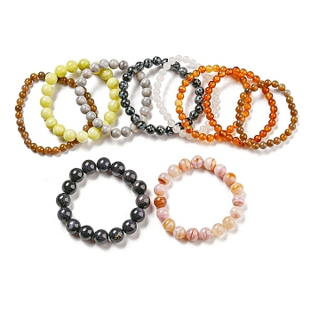 Natural & Synthetic Mixed Gemstone Round Beaded Stretch Bracelet, Inner Diameter: 2~2-1/4 inch(5.15~5.55cm)