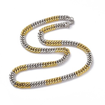 Two Tone Vacuum Plating 201 Stainless Steel Cuban Link Chain Necklace with 304 Stainless Steel Clasps for Men Women, Golden & Stainless Steel Color, 23.82 inch(60.5cm), Link: 11x8.5x2mm