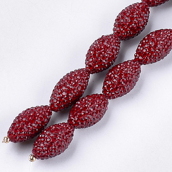 Handmade Polymer Clay Rhinestone Beads, Oval, Crystal, Dark Red, 21~22x11~12mm, Hole: 1mm