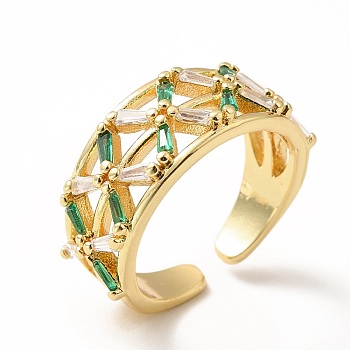 Cubic Zirconia Cross Open Cuff Ring, Real 18K Gold Plated Brass Jewelry for Women, Lead Free & Cadmium Free, Green, US Size 6 1/2(16.9mm)