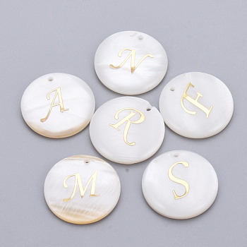Freshwater Shell Pendants, Covered with Iron Findings, Flat Round with Initial Letter, Golden, Random Mixed Letters, 20x3mm, Hole: 1.5mm