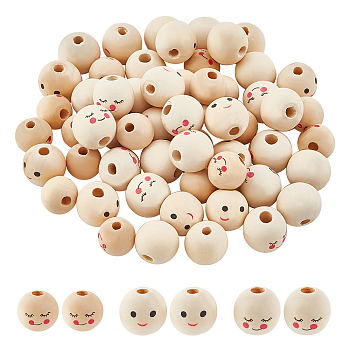 60Pcs 3 Style Maple Wood European Beads, Large Hole Beads, Undyed, Round with Printed Smiling Face, Old Lace, 15~18mm, Hole: 4~5mm, 20pcs/style