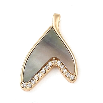 Brass Micro Pave Clear Cubic Zirconia Pendants, Natural Black Lip Shell Whale Tail Charms, Real 18K Gold Plated, 20x13x1.8mm, Hole: 2.5x1.5mm