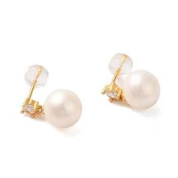 Sterling Silver Studs Earrings, with Natural Pearl, Jewely for Women, Round, Real 18K Gold Plated, 22x9mm
