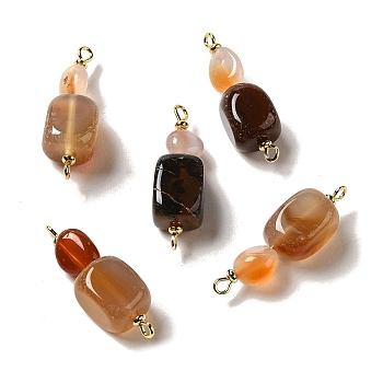 Natural Agate Connector Charms, Nuggets Links with Real 18K Gold Plated Brass Double Loops, 34~35x10~11x10~11mm, Hole: 1.5mm