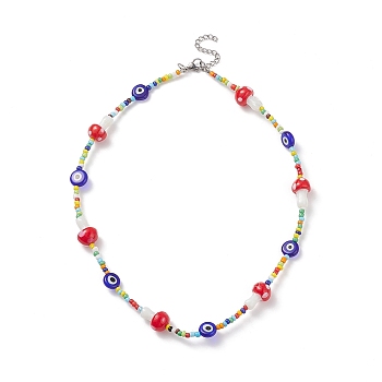 Mushroom Handmade Lampwork Beaded Necklaces for Women, Glass Seed Beads & Evil Eye Bead Necklaces, Colorful, 17.48 inch(44.4cm)