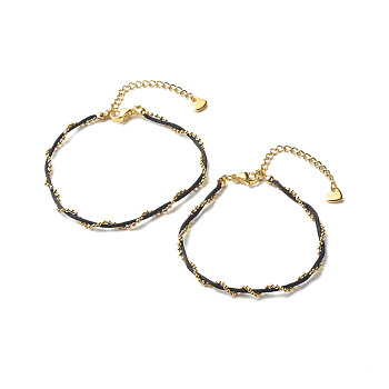 Nylon Cord & 304 Stainless Steel Ball Chain Bracelet for Couples, Black, 7-1/8~7-5/8 inch(18~19.5cm), 2pcs/set 