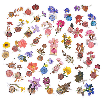 CRASPIRE 180Pcs 6 Styles Waterproof Self Adhesive PET Stickers, for Suitcase, Skateboard, Refrigerator, Helmet, Mobile Phone Shell, Mixed Color, Dried Flower Wax Seal Pattern, 47~61x24~47x0.1mm, 30pcs/style, 6 bags/set
