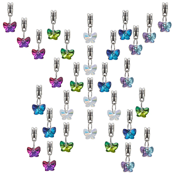 30Pcs 5 Color Faceted Glass Pendants, with Antique Silver Alloy Findings, Butterfly Charms, Mixed Color, 20mm, Hole: 4.6mm, 6Pcs/color