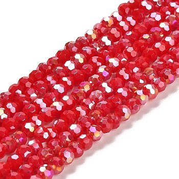 Opaque Glass Beads Stands, AB Color, Faceted(32 Facets), Round, Crimson, 4.5x4mm, Hole: 1mm, about 94~95pcs/strand, 13.90~14.02 inch(35.3~35.6cm)