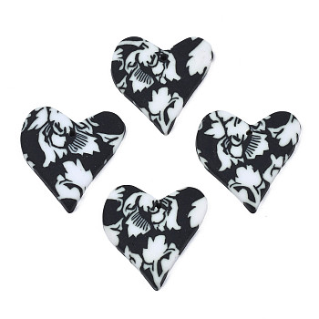 Handmade Polymer Clay Pendants, Heart, Black, 26x24.5x3mm, Hole: 1.6mm