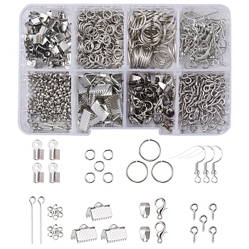 DIY Jewelry Making Kit, Including Iron Screw Eye Pin Peg Bails & Ribbon & Folding Crimp Ends & Jump Rings Earring Hooks, 201 Stainless Steel Snap on Bails, Brass Crimp Beads, Alloy Clasps, Platinum & Stainless Steel Color, 2.5~20x1~6x0.6~4mm, Hole: 1~2mm