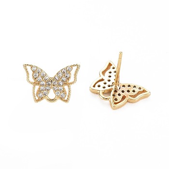 Brass Micro Pave Clear Cubic Zirconia Stud Earring Findings, Nickel Free, Butterfly, Real 18K Gold Plated, 8.5x12mm, Hole: 1.4mm, Pin: 0.6mm
