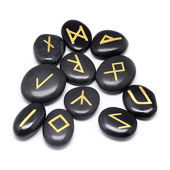 Natural Black Stone Beads, No Hole/Undrilled, Oval Carved with Runes/Futhark/Futhorc, 20~30x15~27x5~10mm, 25pcs/set