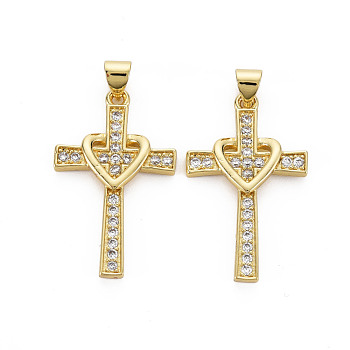 Brass Micro Pave Cubic Zirconia Pendants, Nickel Free, Cross with Heart, Real 16K Gold Plated, 30x18x3mm, Hole: 3.5x5mm