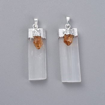 Natural Calcite Big Pendants, with Natural Citrine and Brass Findings, Rectangle, Silver, 55~63x16~23x12.5~15mm, Hole: 8x3~5mm