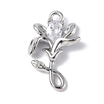 Brass Micro Pave Cubic Zirconia Pendants, Lily Flower Charm, Real Platinum Plated, 16.5x10.5x3mm, Hole: 1.2mm
