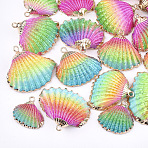 Spray Paint & Electroplate Sea Shell Pendants, with Iron Findings, Light Gold, Colorful, 19~28x20~30x7~11mm, Hole: 2mm(X-SSHEL-S262-07C)